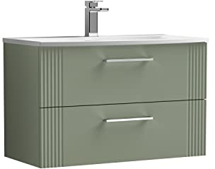 nuie DPF895G Deco Modern Bathroom Wall Hung 2 Drawer Part Fluted Vanity Basin Unit with Curved Ceramic Basin, 800mm, Satin Green