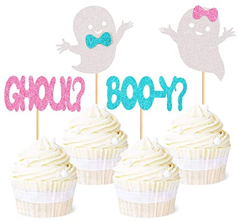 Ercadio 24 Pack Boo-y or Ghoul Cupcake Toppers Glitter Halloween Ghost Cupcake Picks Boy or Girl Cupcake Toppers Baby Shower Birthday Halloween Themed Gender Reveal Cake Decorations Supplies