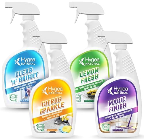 Hygea Natural Cleaning Supplies Kit All Purpose Cleaners, Citrus Degreaser, Floor and Tile Cleaner, Window, Glass and Mirror Cleaner- No Harsh Chemicals, Family safe - 4 Pack 24 oz Sprays