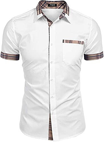 Misfuso Chemise Homme à Carreaux Manche Courte avec Poche Poitrine,Chemise décontractée sans Repassage Blanc XL