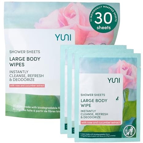 YUNI Beauty Large Body Wipes - Rose Cucumber, 30 Count - Moist Showerless Wipes, Cleanse & Deodorize, On-the-Go Waterless Body Cleanser, Individually Wrapped Body Wipes for Camping, Travel & Gym