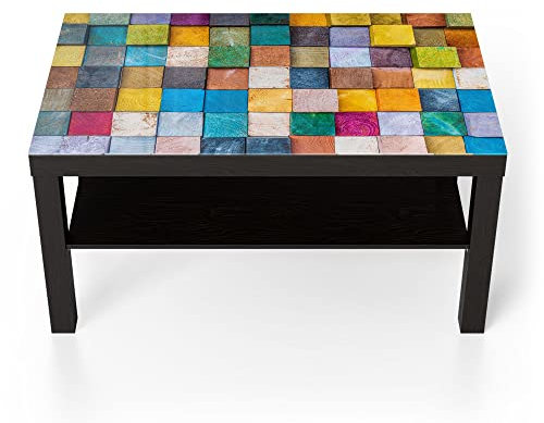 DEQORI Glastisch | schwarz groß 90x50 cm | Motiv Buntes Holzmosaik | ausgefallener Beistelltisch aus Glas | Hochglanz Couchtisch fürs Wohnzimmer | moderner Couch Tisch mit Design