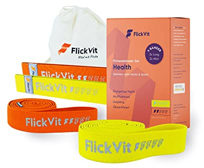 FlickVit Fitnessbänder 4er Set- Health (1 & 2) inkl. Tragebeutel, Fitnessband Stoff, Klimmzugband, Widerstandsbänder Set, Widerstandsband, Gummiband Sport, Theraband Set