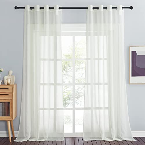 PONY DANCE Wohnzimmer Gardinen Modern Vorhang Transparent Ösenschal 2er Set Voile Gardine Leinenoptik Luftige und Lichtdurchlässige Vorhänge mit Ösen, H 245 x B 140 cm, Creme