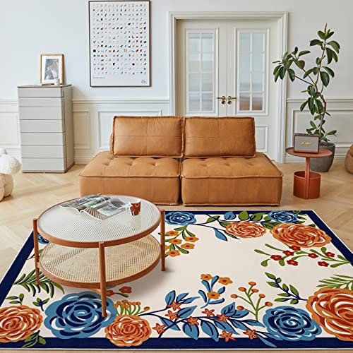 USTIDE Moderner Flora-Teppich für Wohnzimmer, dünner antiker Teppich, maschinenwaschbar, schmutzabweisend, für Schlafzimmer, bunte Blumen, Boho-Teppich, 10 x 18 cm