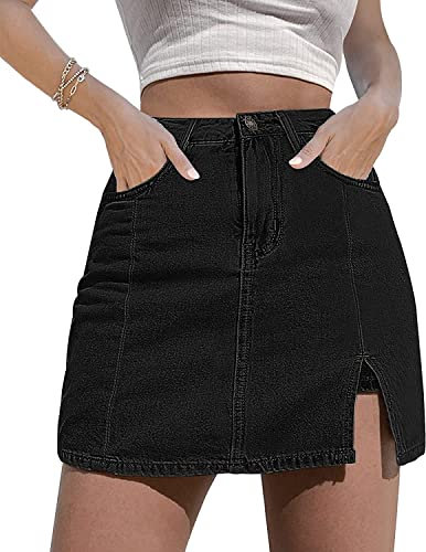 GOLDPKF Hosenrock Damen Kurz Jeansrock Mit Knopfleiste Schlitz Elegant Minirock 4 Taschen Denim Rock Sommer Kurze Kleider Frauen Sexy Schwarz XL