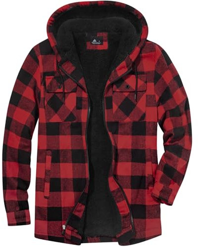 JACKETOWN Giacca Uomo Invernale Scacchi Felpa Fodera in Pile con Cappuccio e Cerniera Caldo Manica Lunga Termica Fleece Giubbino Uomo Cappotto, (Rosso-M)