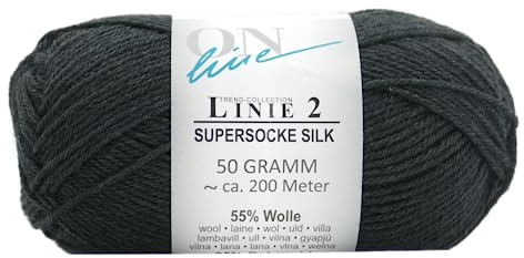 Online Garne Linie 2 Supersocke Silk | schwarze Sockenwolle mit Seide und Merinowolle | Sockengarn 4fädig (4fach, 4ply) | 55% Wolle, 25% Polyamid, 20% Seide | Strumpfwolle 50g 200m (10 schwarz)