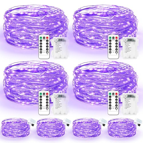 Maxee 4 Stück 10M + 4 Stück 3M LED Lichterkette Batterie, 8 Modi Fernbedienung mit Timer, IP65 Wasserdicht, Außen Lichterkette Draht für Weihnachten Innen Aussen Deko, Lila
