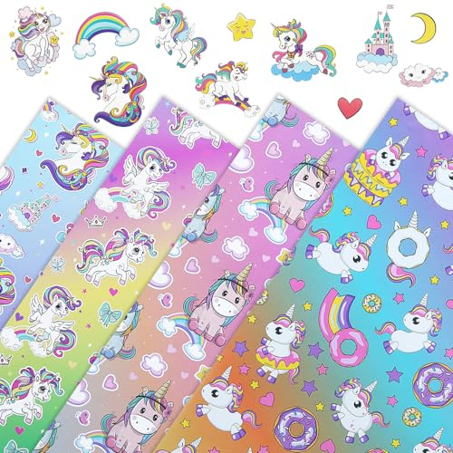 Einhorn-Geschenkpapier für Kinder, Mädchen und Frauen, 4 Einhorn-Designs, Geburtstagsgeschenkpapier für Kindergeburtstag oder Babyparty, flach gefaltet, 50x70 cm pro Blatt, mit Aufklebern