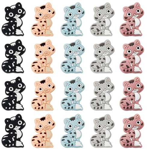 DICOSMETIC 20 pièces Silicone Perles 5 couleurs Perles D'Espacement Perles de Bracelet en Animal Chat Silicone Perles Ludique Collier de Lanière Fabrication de Bijoux, Trou: 2mm