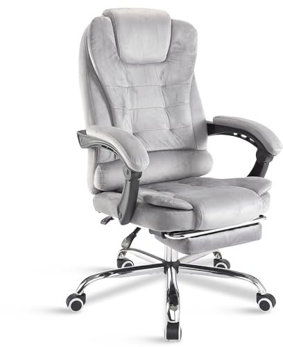 Blisswood Executive Office Chair with Footrest & Lumbar Support Ergonomic Recliner Computer Desk Chair Adjustable Heavy Duty 360° Swivel Home Office with Tilt Function, Velvet Grey 60x 67x(108-118)cm