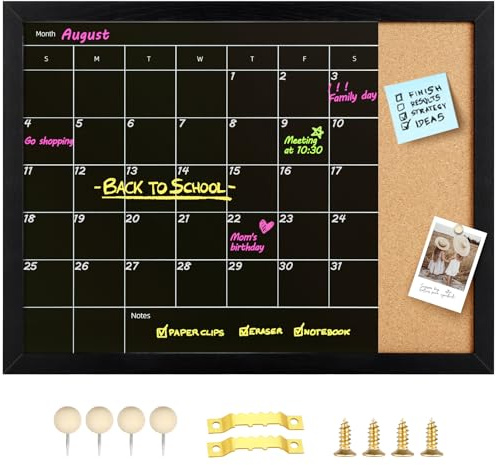 Aitakatta Kreidetafel & Korktafel, magnetische Oberfläche, Monatskalender, Kreidetafel & Pinnwand, Kombinationskreidetafel, Kalender für Wand, dekorativer schwarzer Holzrahmen (R-ZHYL-BK, 4333)