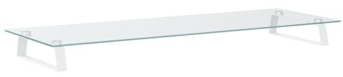 vidaXL Support de Moniteur, Support d'Ordinateur avec Rangement, Réhausseur d’Écran pour Ordinateur Bureau, Blanc Verre Trempé et Métal