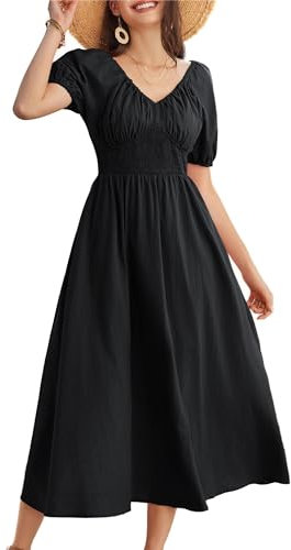 GRACE KARIN Ladies Summer Beach Dresses Short Sleeve Elegant Casual A-Line Midi Dress High Waist Black Dress for Women L Size 16