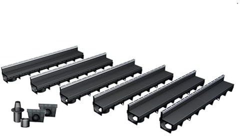6er Pack MEAPARK - Entwässerungsrinnen mit Schlitzaufsatz + E-Blade S Edelstahl Profile