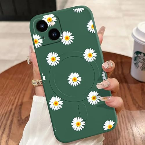 Foonary Funda Magnética para Apple iPhone 14 6,1, Carcasa Compatible con MagSafe Carga Inalámbrica, Aesthetic Margarita Flor Cover Silicona Líquida Antichoque Case para iPhone 14 Capa, Verde