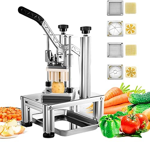 Manual Potato Chipper with Plate, French Fry Cutter 4 Different Size Stainless Steel Sharp Blades Apple Corer Non-Slip Feet Vegetable Slicer for Carrots, Cucumbers, Fruit