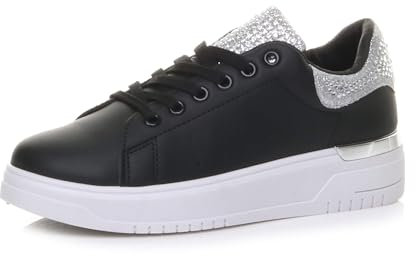 AJVANI Womens Ladies Flat Diamante Crystal Glitter Sparkly lace up Trainers Size 6 39 Black Silver
