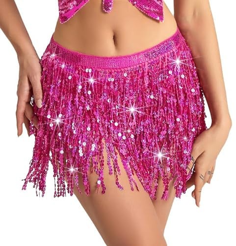 Baisdan Jupe Paillette Femme, Jupe a Paillette avec Franges Scintillantes pour Festivals et Performances de Danse Orientale Rose Magenta