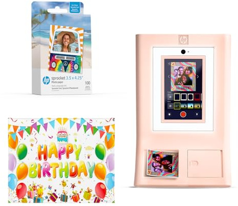 HP Sprocket Photo Booth Machine Instant Color Photo Printer (Pink) + Zink Paper (100 Sheets) + Birthday Photo Backdrop