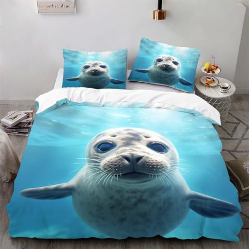 Zbeiba Bettwäsche 135x200cm Set 3 Teilige,Kinder Junge Mädchen Bettbezug + 2 Kissenbezug,Meerestiere Seehunde earless Seals Motiv（135x200+2 * 50x75,Sti1）