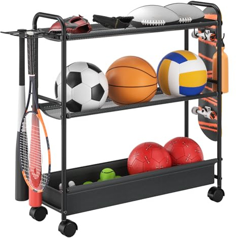 Basketballständer mit 3 Ablagen, Trainingsständer, Ballhalter, Sportballwagen, Garage, Organizer, Ballkorb, Aufbewahrung, Ballregal für Garage oder Fitnessstudio