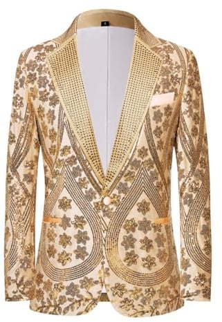 PYJTRL Men's Embroidered Sequin Floral Pattern Blazer Jacket with Rhinestone Notched Collar for Wedding Party Prom,Gold,M