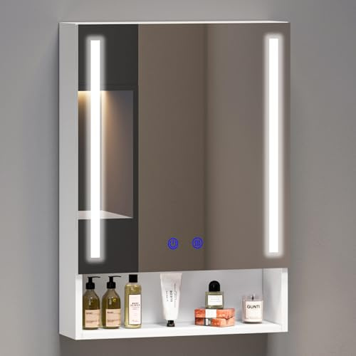 Luxstein Bathroom Mirror Cabinet 500 x 700 mm With LED Lights, Touch Control, 3 Colour Dimmable Illuminated Mirror, Wall Mounted Bathroom Storage with Demister Pad & Shaver Socket