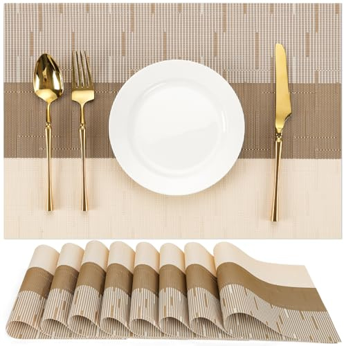 Chitomars Tischsets abwaschbar, Platzsets abwaschbar PVC Platzdeckchen | 8er Set Tischsets Outdoor Vinyl hitzebeständig Gewebte Platzdeckchen für Häuser Restaurants Hotel (Beige Braun, 8er Set)