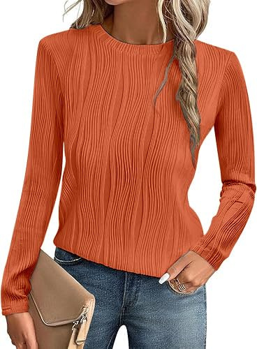 OOHOKAY Women's Long Sleeve Tops Textured Casual Round Neck Blouse Solid Basic T-Shirts(Orange Red-p3,S)