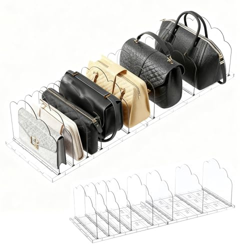 Houkiper Clear Acrylic Handbag Organiser 2 Bases and 8 Shelf Dividers | Adjustable Handbag Storage Helps Separate Bags, Wallets on Closet Shelves, Keeping Upright, Visible and Easy to Access