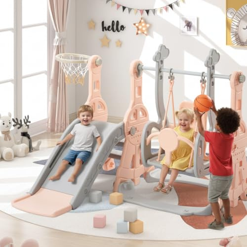 Toboggan exterieur interieur enfant,Toboggan 4 en 1 pour bébé avec une balançoire,un toboggan,un escalier et un panier de basket,Balancoire toboggan autoportant,Jouets d'aire de Jeux Montessori (Rose)