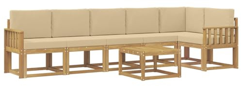 vidaXL Outdoor-Sofagarnitur mit Kissen 7 pcs Weiß und Beige Polyester, Modernes Garten-Sofa Set, wetterfestes Möbel, Sektional für die Terrasse, Akazienholz, Entspannung im Freien