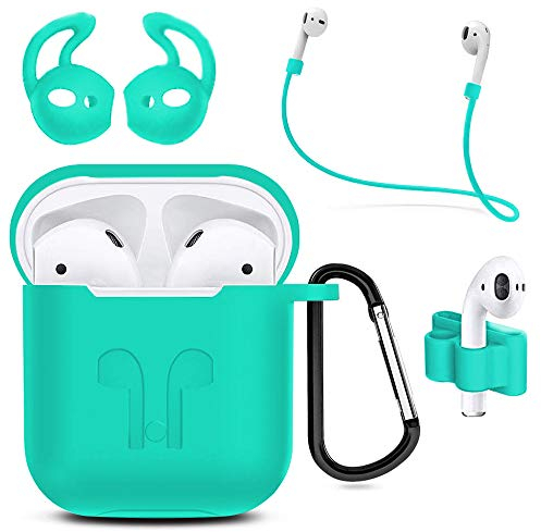 MMOBIEL Custodia Antiurto in Silicone Compatibile con AirPods 1/2 Cover Protettivo Skin 6in1 Set con Clip Ganci per Orecchie Cinturino (Verde)