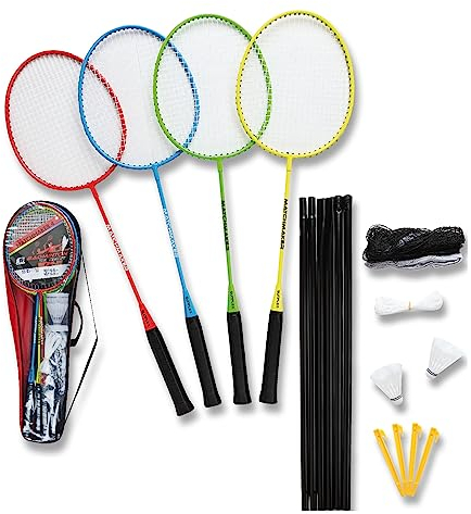 Sunflex Badminton Set Matchmaker 4 | mit hochwertigen Schlägern, Federbällen, Netz mit Pfosten & Tragetasche | Perfekt für spannende Machtes & ultimativen Freizeitspaß