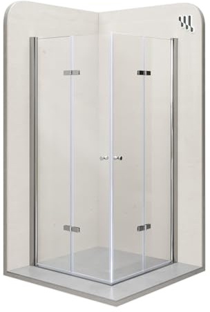 Mampara de Ducha Emma-75x75x180cm|REVERSIBLE|Puertas Plegables, Ajuste 73,5-75,5x73,5-75,5cm|Perfiles Cromo, Cristal Templado Transparente 6mm
