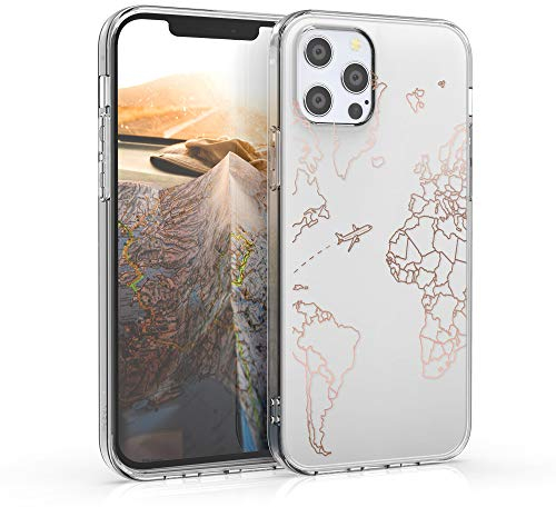 kwmobile Hülle kompatibel mit Apple iPhone 12 / iPhone 12 Pro - Handyhülle Silikon Case - Travel Flugzeug Rosegold Transparent