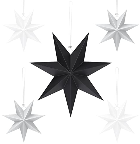 Faltstern Weihnachten, 7 Zacken Weihnachtspapiersterne, 5 Stück Papiersterne für Weihnachts Deko, 25cm x 4 + 40cm x 1, Papiersterne zum Fenster Dekoration Advent Weihnachtsbaum, (Schwarz Weiß Grau)