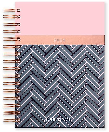 Matilda Myres Kalender 2025, A5, ein Tag pro Seite, rotgoldener Spiralbindung, Januar bis Dezember, fester Einband, personalisierte Version, Rosa