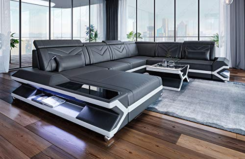 XXL Sofa Wohnlandschaft Napoli als Ledersofa in U-Form Couch mit LED-Beleuchtung und Kopfstützen (Ottomane Links, Grau-Weiß)