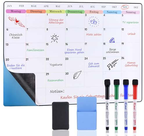 POPRUN 60×40cm Whiteboard Monatsplaner/Wochenplaner Abwischbar Selbstklebend für die Wand, Glas und Holz(jede glatte Oberfläche) Familienplaner, Planungstafel, Monatskalender, Memoboard auf Deutsch