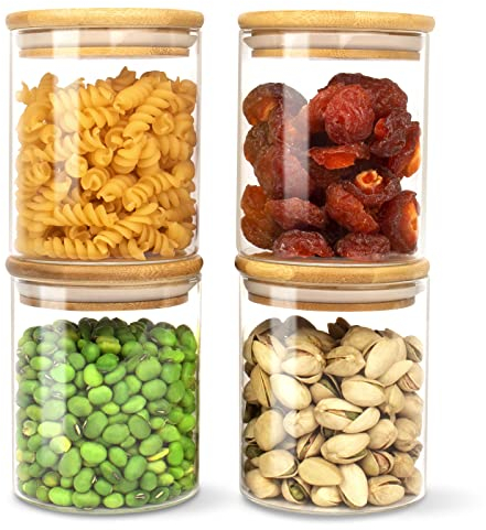 HUALIANG Lot de 4 bocaux en verre avec couvercle en bois, 500 ml bocal en verre avec couvercle, Récipients hermétiques en verre borosilicate, bocaux verre Pour café, épices, céréales
