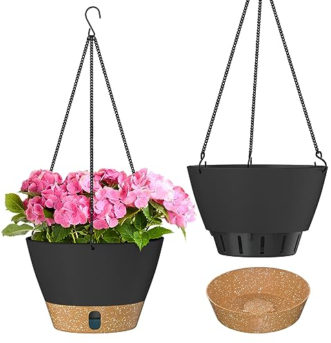 ZMTECH Maceta Colgante de 20 cm Maceta Colgante de 8 Pulgadas con Agujeros de Drenaje Plato para Plantas De Jardín de Casa de Interior Exterior (Gris Oscuro, Juego De 2)