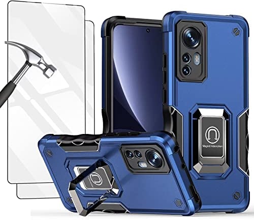 Jeelar Handyhülle für Xiaomi 12/12X,PC+TPU Militär Handy Hülle Stoßfeste Cover Case mit Ständer/Kameraschutz/Magnetische Autohalterung,Schutzhülle mit 2 Gehärtetes Glas Bildschirmschutz,Blau
