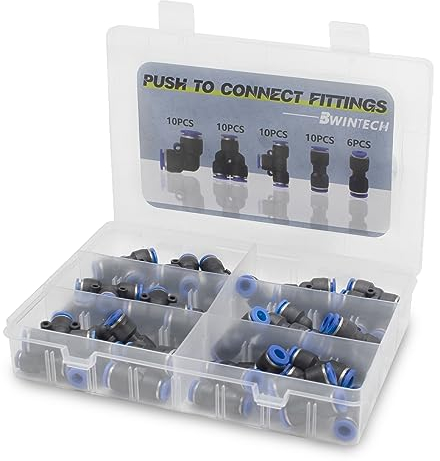 Bwintech 46-teiliges 4-mm-pneumatisches Quick-Push-In-Verbindungs-Kit für Luftschläuche (4-mm-Gerade/Winkel-/T-/Splitter-Anschluss und 4-6,4-8,6-8mm-Reduzieranschluss)