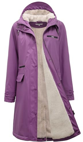 Regenmantel damen gefüttert mit Teddyfleece Regenjacke wasserdicht | knielanger Übergangsmantel Friesennerz, winddicht mit Kunstfell warm, PU Windbreaker, Regenparka für Herbst Winter, 4 Taschen