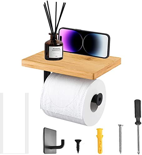 SCHYIDA Toilettenpapierhalter ohne Bohren Klopapierhalter Selbstklebend Toilettenpapierhalter Bambus mit Ablage ohne Bohren Klopapierhalter Selbstklebend WC Papier Halterung für Küche und Badzimmer