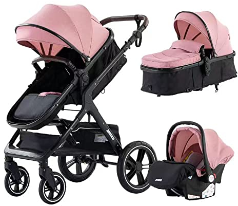 YAZOCO kinderwagen 3 in 1, Zusammenklappbar kinderwagen mit Wickeltasche,Komplettset Becherhalter,Moskitonetz, Fußabdeckung,Sitzzubehör (1 Rosa)