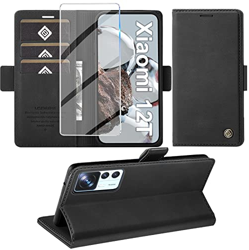 Giyer Handyhülle für Xiaomi 12T/12T Pro 5G Hülle mit Schutzfolie, Standfunktion Kartenfach Wallet Premium Leder Schutzhülle 12T Pro Flip Case Cover Stoßfeste Klapphülle 12T 5G 6.67 Zoll (Schwarz)
